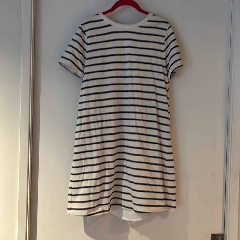 Striped t shirt dress with back silk drape